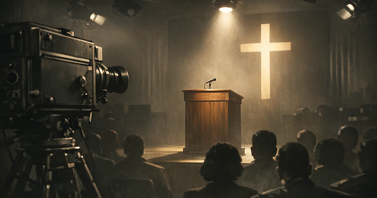Vintage TV camera facing empty podium with illuminated cross in 1950s-era broadcast studio with silhouetted audience
