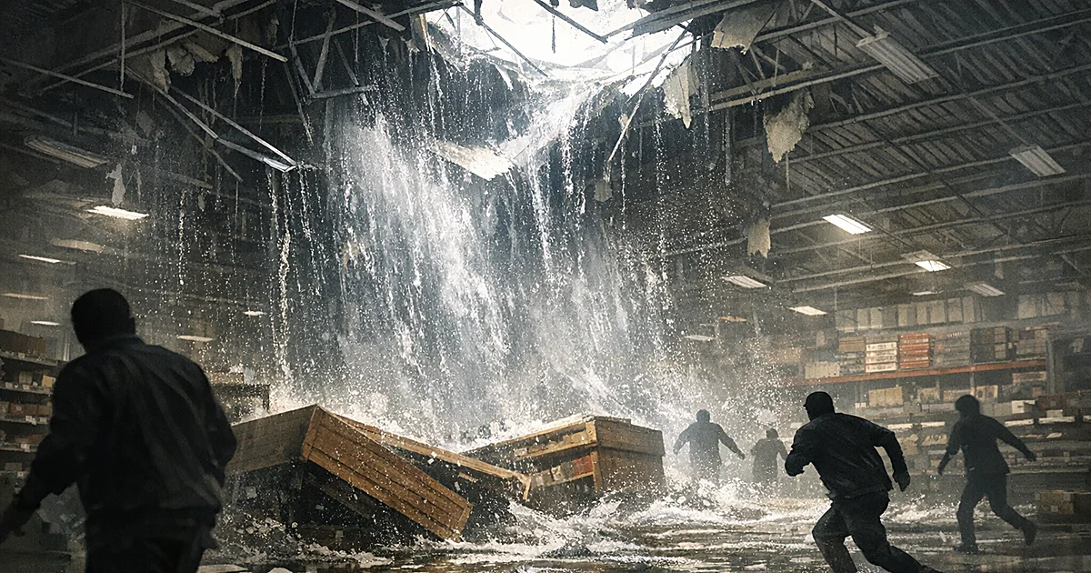 Warehouse store ceiling collapsing with water pouring through, pushing shelves across floor as silhouetted shoppers flee