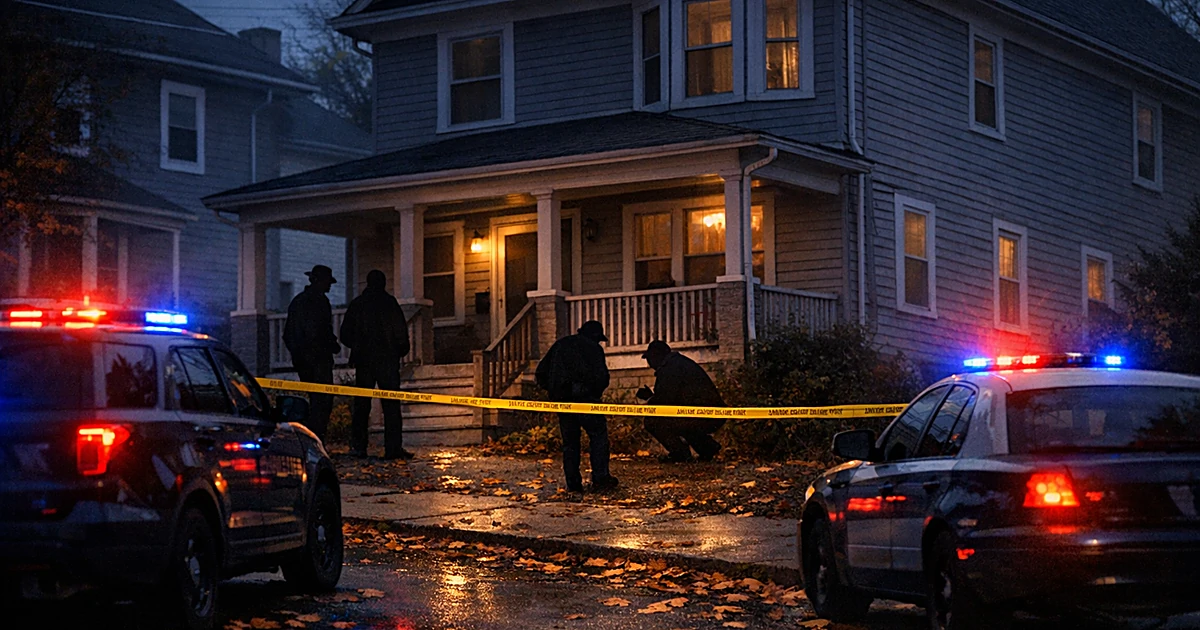 Crime scene tape cordons off a residential house with police vehicles and silhouetted investigators at dusk