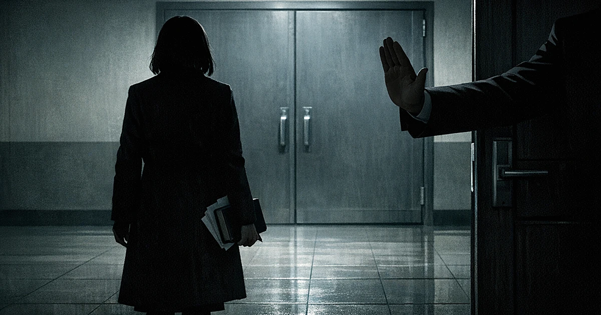 Silhouetted person with Bible and documents blocked by official's hand gesture at institutional doorway