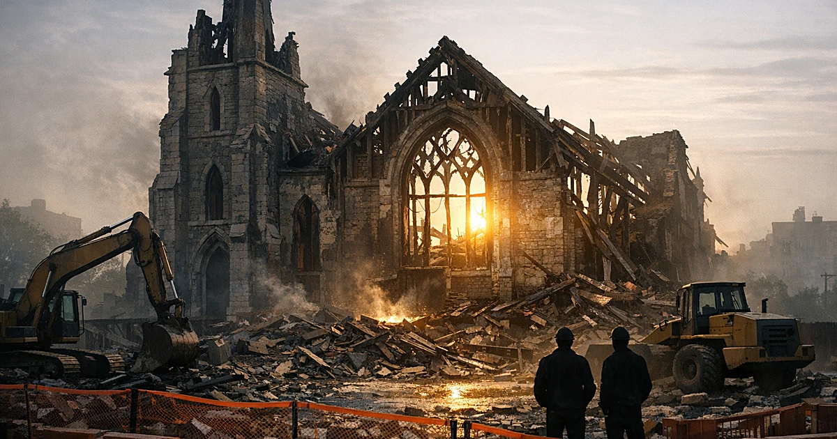 Fire-damaged historic church with collapsed steeple surrounded by demolition equipment and construction barriers