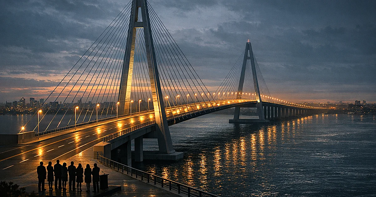 Cable-stayed bridge lit at dusk with silhouetted figures gathered on one end while the other end stands empty