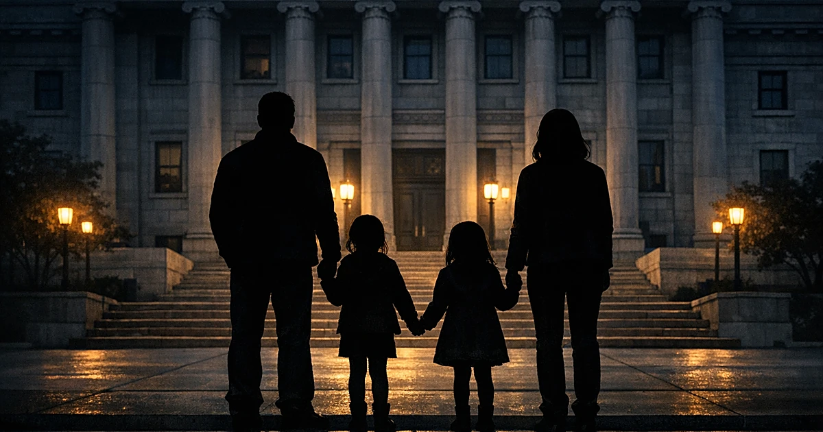 Silhouettes of family facing large government building with columns in evening light