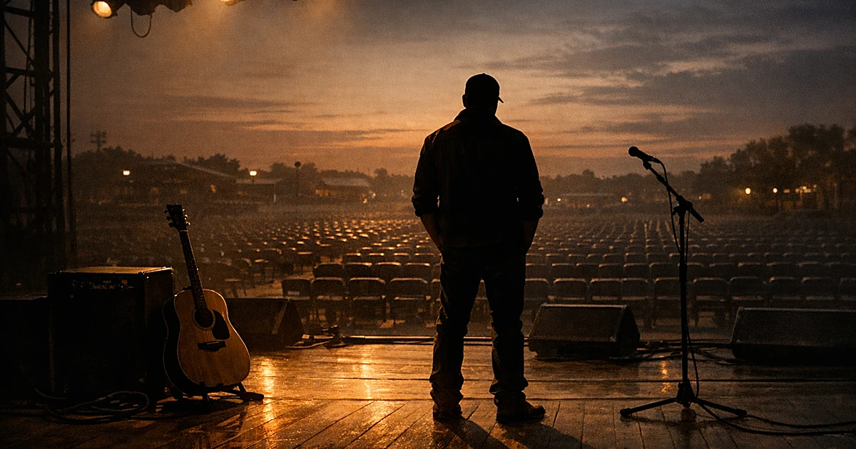 Silhouette of person on empty concert stage at dusk with guitar resting against amplifier and vacant seats beyond