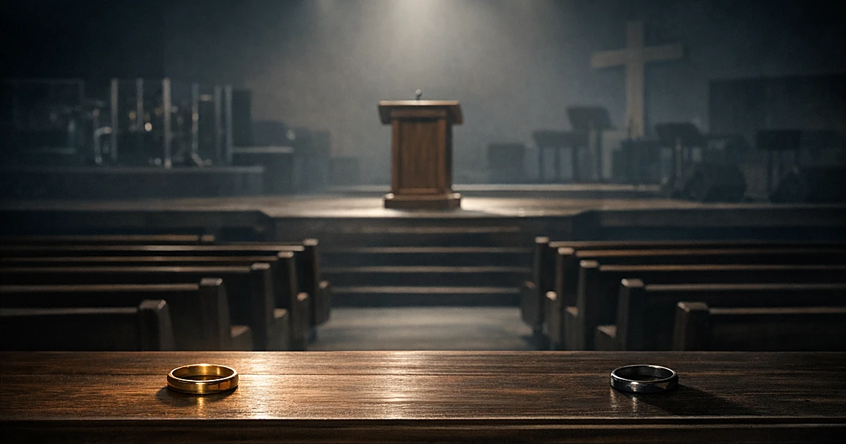 Empty church sanctuary with vacant pulpit and separated wedding rings on table symbolizing broken marriage covenant