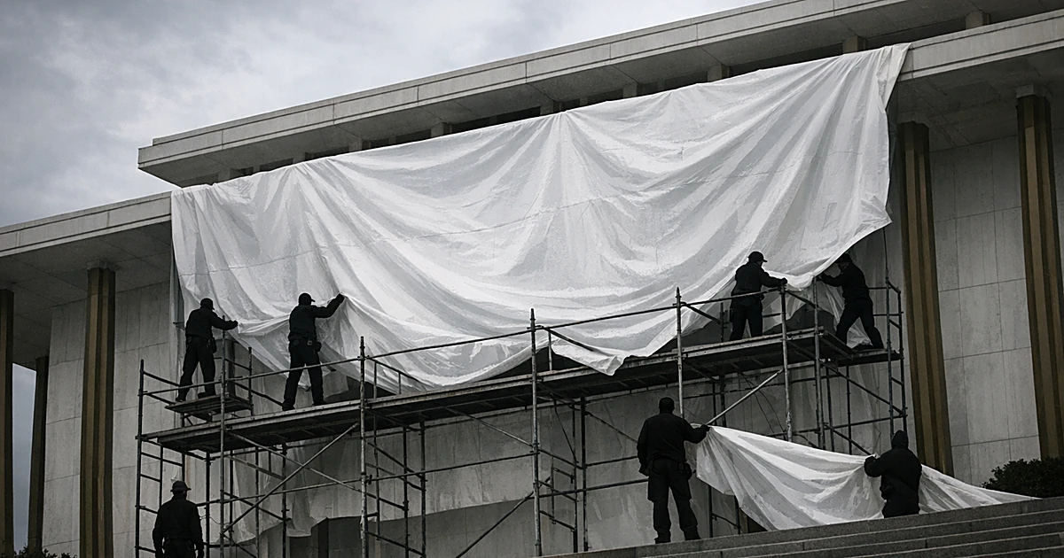 Workers cover the entrance of a neoclassical building with white tarp, obscuring previous signage