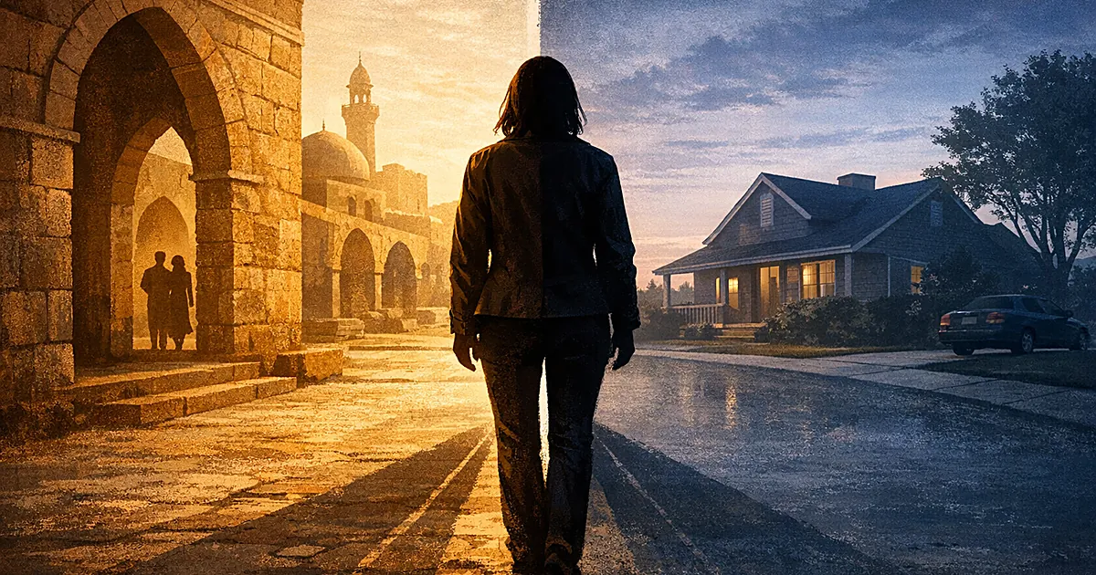 Silhouetted figure between Middle Eastern architecture and American suburban home, representing two distant worlds