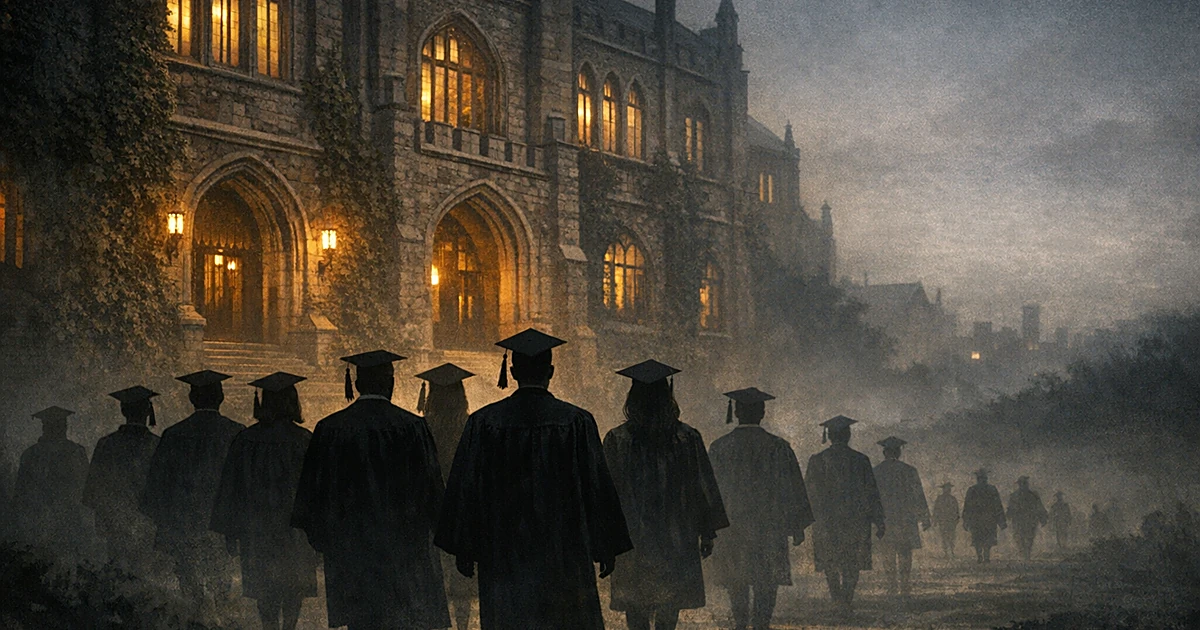 Silhouetted graduates walking away from a shadowy university building into dark landscape
