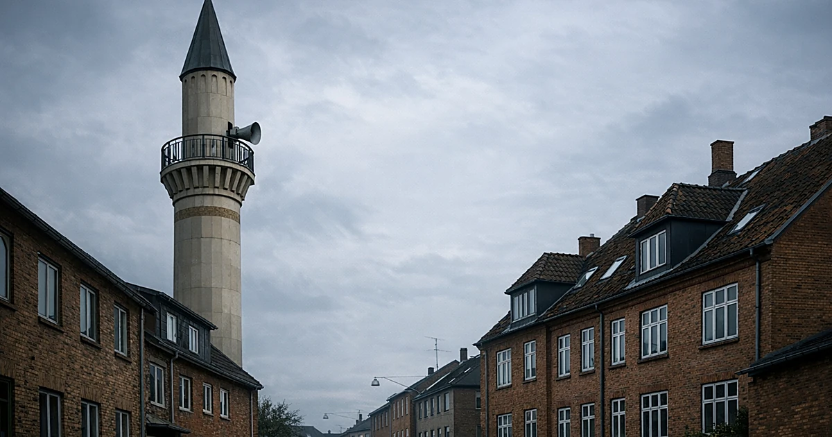 Mosque minaret with loudspeaker above Danish residential neighborhood under overcast sky