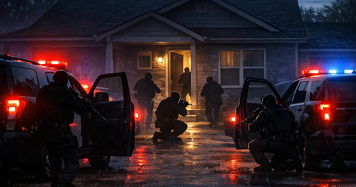 Law enforcement vehicles with emergency lights illuminate a residential home where silhouetted officers take position