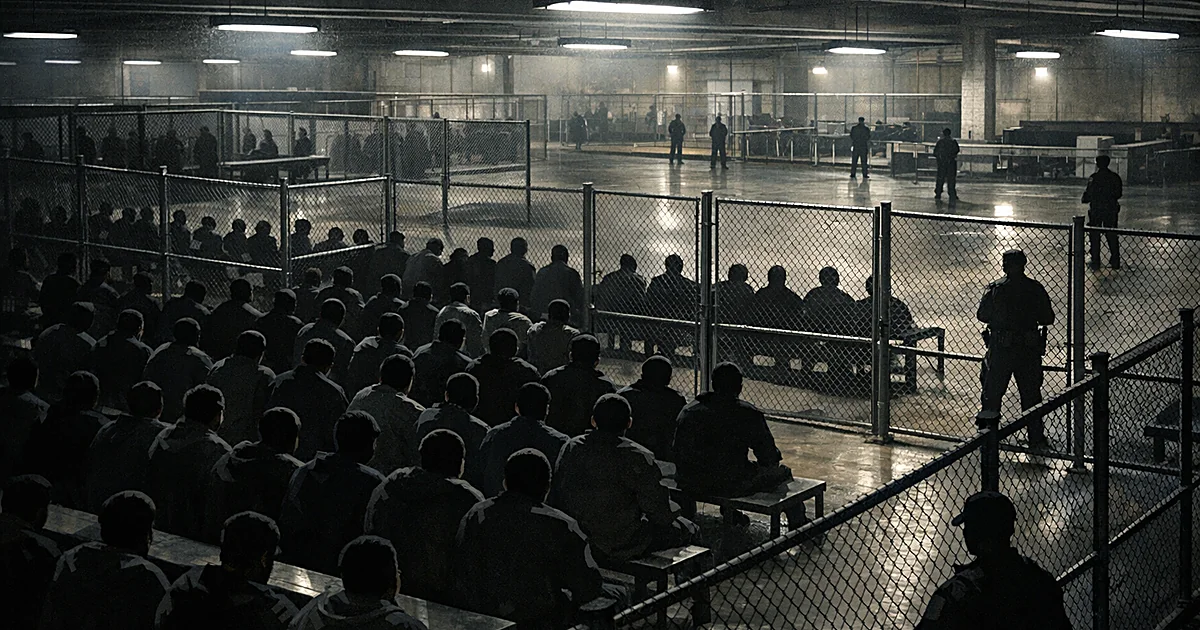 Silhouetted figures in rows inside a large detention processing facility with harsh overhead lighting