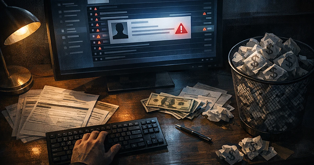 Office desk with computer showing email inbox, hand over keyboard, financial documents and wire transfer forms scattered