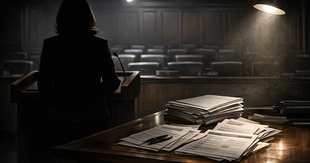 Silhouetted figure at podium with scattered voter documents under spotlight in darkened government chamber