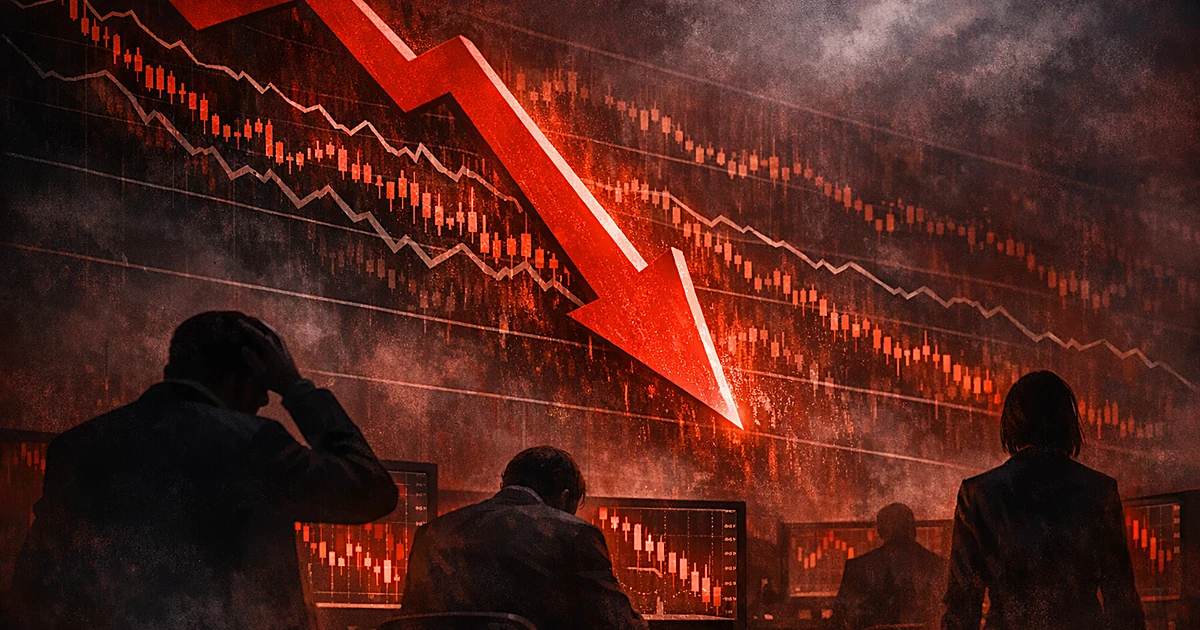 Red arrow plunging through stock market charts with silhouettes of people viewing screens showing declining graphs