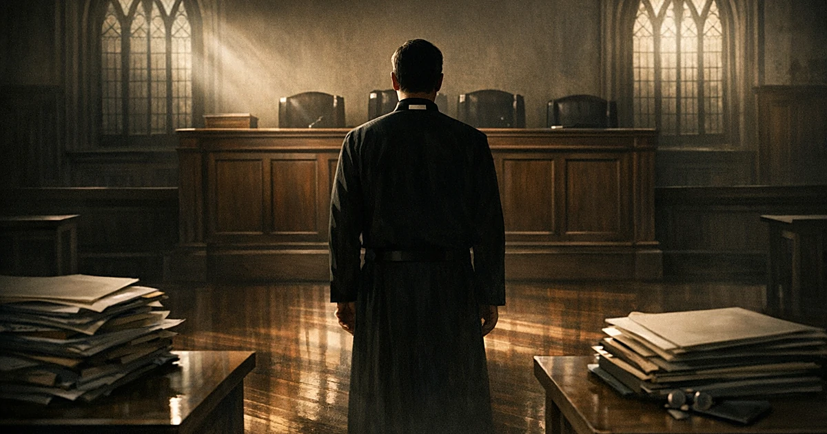 Silhouetted priest in clerical attire facing judge's bench in Gothic church courtroom with legal documents