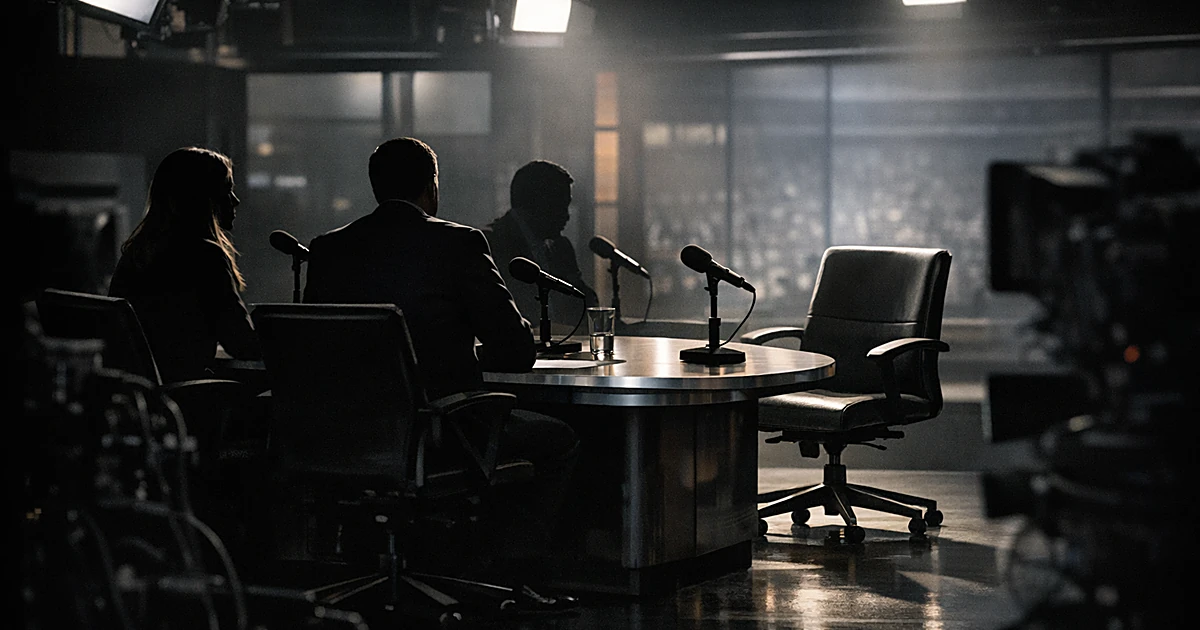 Empty chair at broadcast desk with three silhouetted figures remaining, suggesting sudden departure during live show