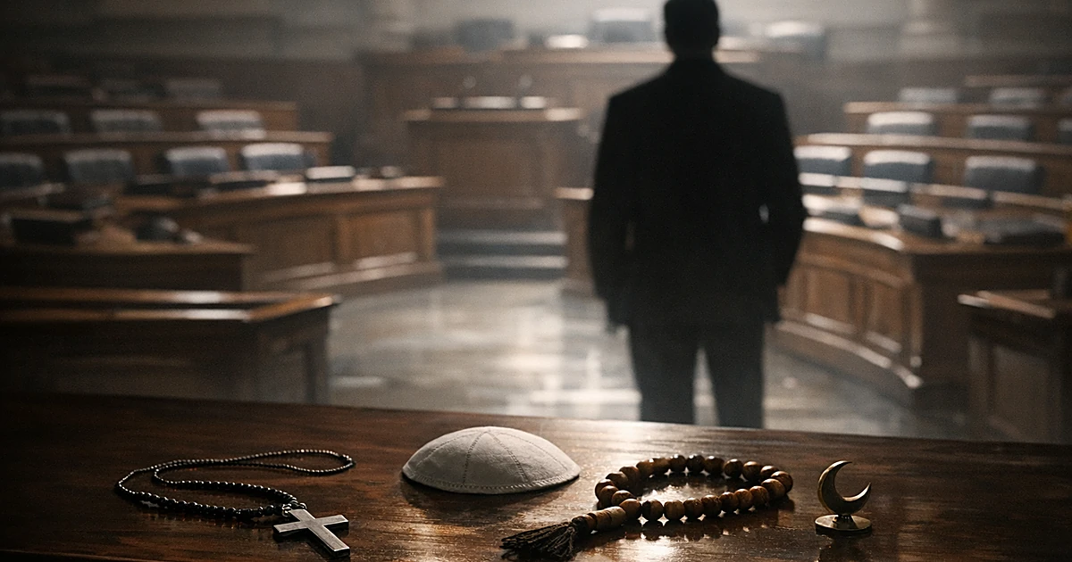 Silhouetted person facing empty legislative chamber with religious symbols laid on table in foreground