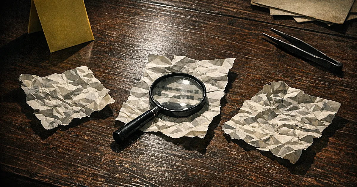 Three crumpled ransom notes on desk with FBI evidence marker and magnifying glass in forensic examination setting