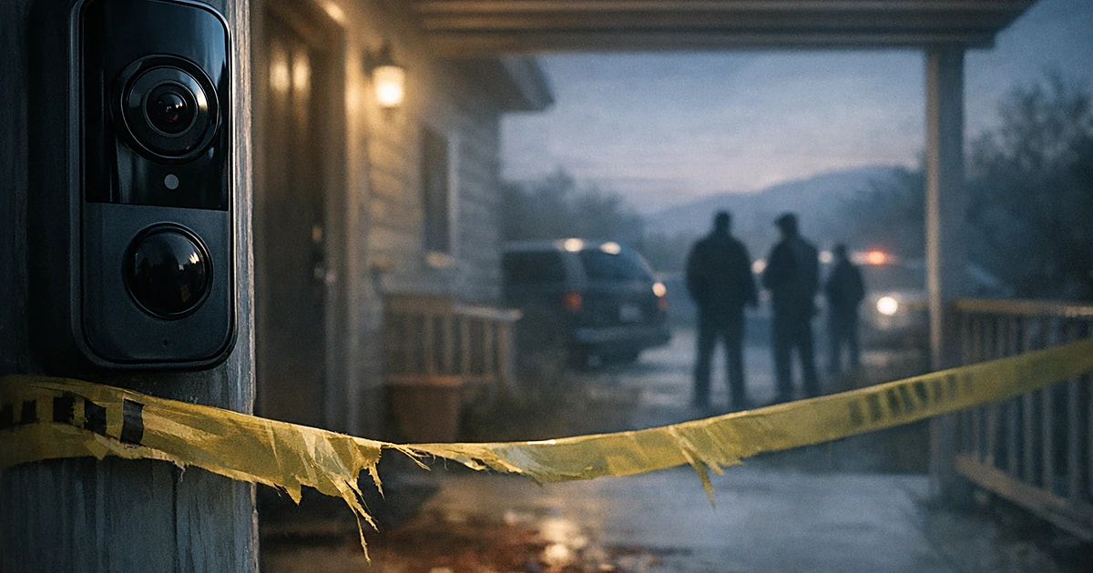 Doorbell camera on porch with loose crime scene tape and distant silhouettes of investigators in early morning light