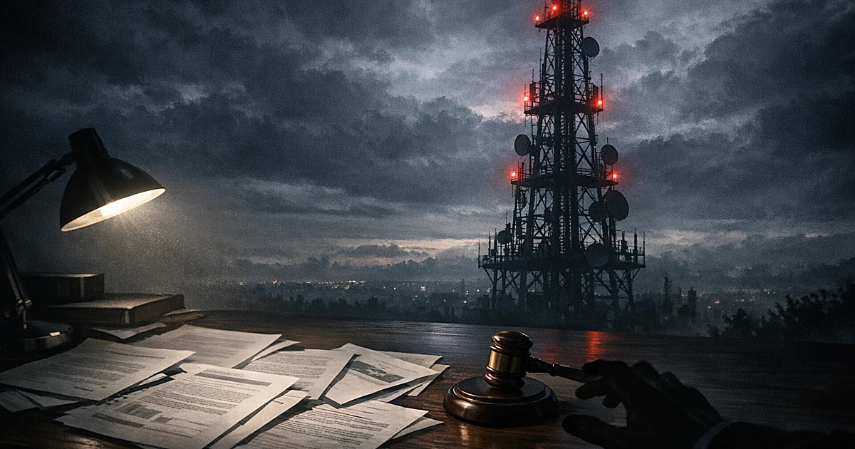 Broadcasting tower at dusk with government documents and gavel on desk below, suggesting regulatory action