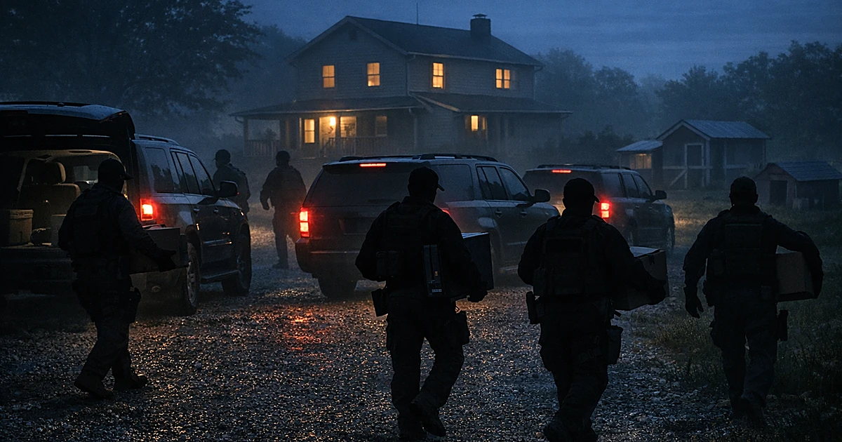 Federal agents as silhouettes carrying boxes from a rural Tennessee home at dawn with vehicles parked in driveway