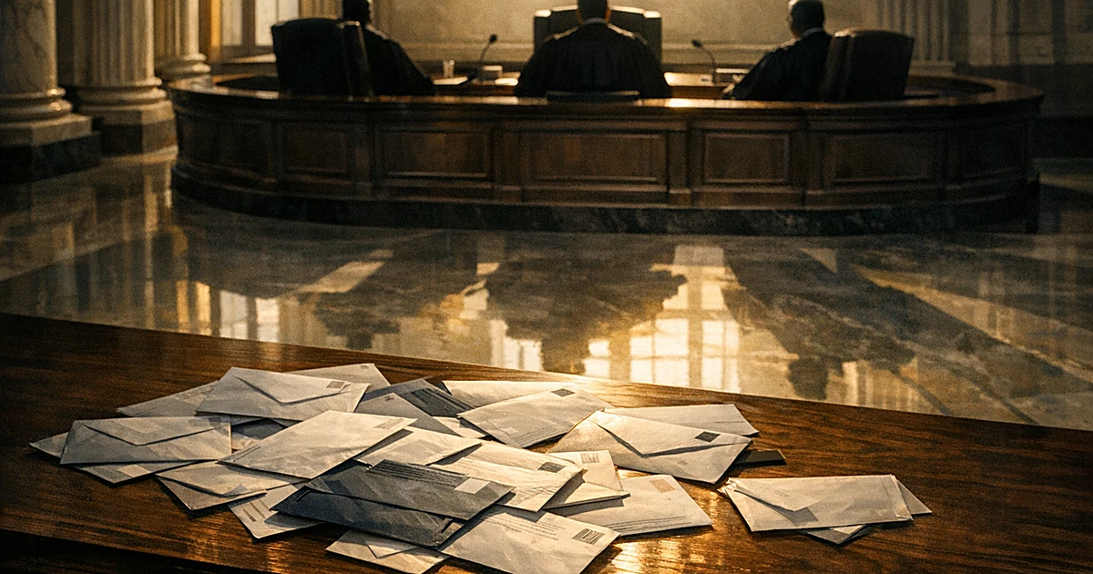 Overhead view of courthouse interior with judicial benches and mail-in ballot envelopes on table in dramatic lighting