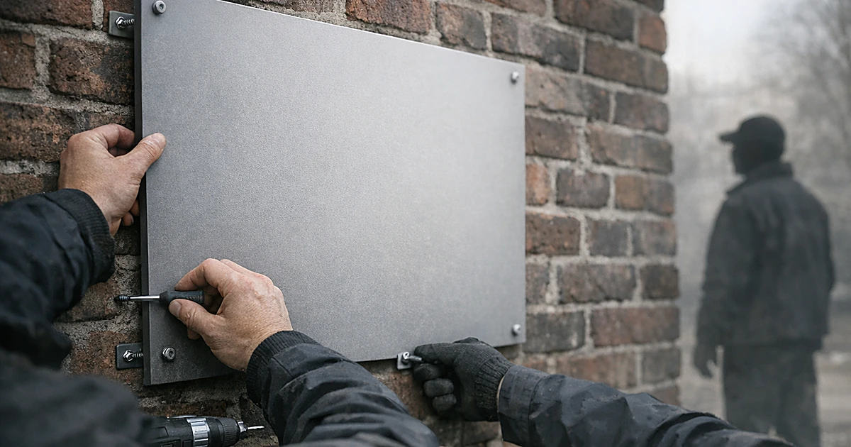 Hands mounting a blank panel onto historic brick wall while silhouetted figure observes in background