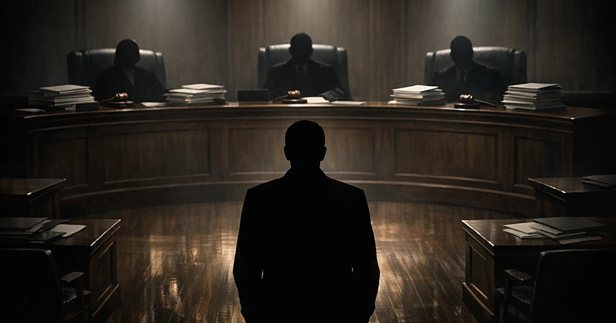 Silhouetted figure stands before three elevated judicial benches in a darkened courtroom with dramatic lighting