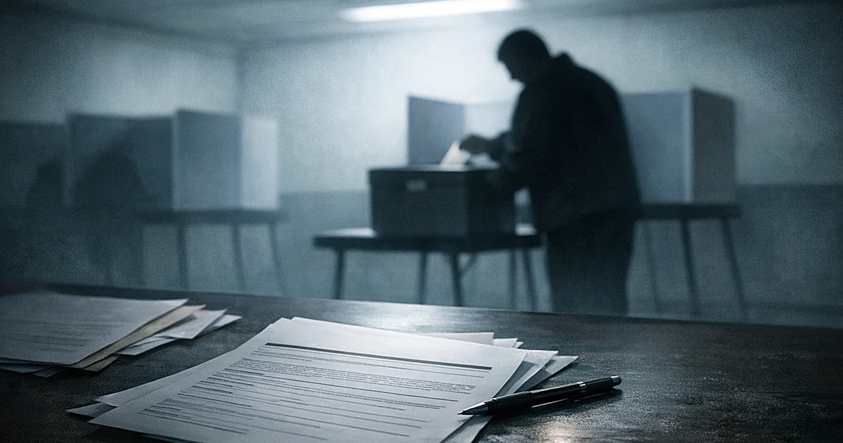 Silhouetted person at voting booth with citizenship application papers on desk in foreground