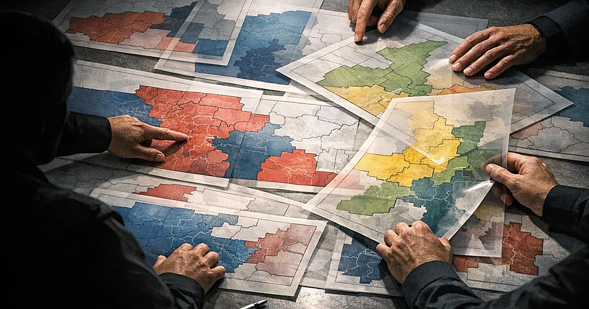Overhead view of hands adjusting layered maps with district boundary lines on a table under fluorescent lighting