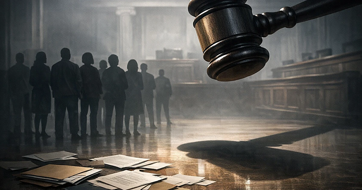 Large gavel casting shadow over scattered legal documents with silhouetted figures viewing from behind in courtroom