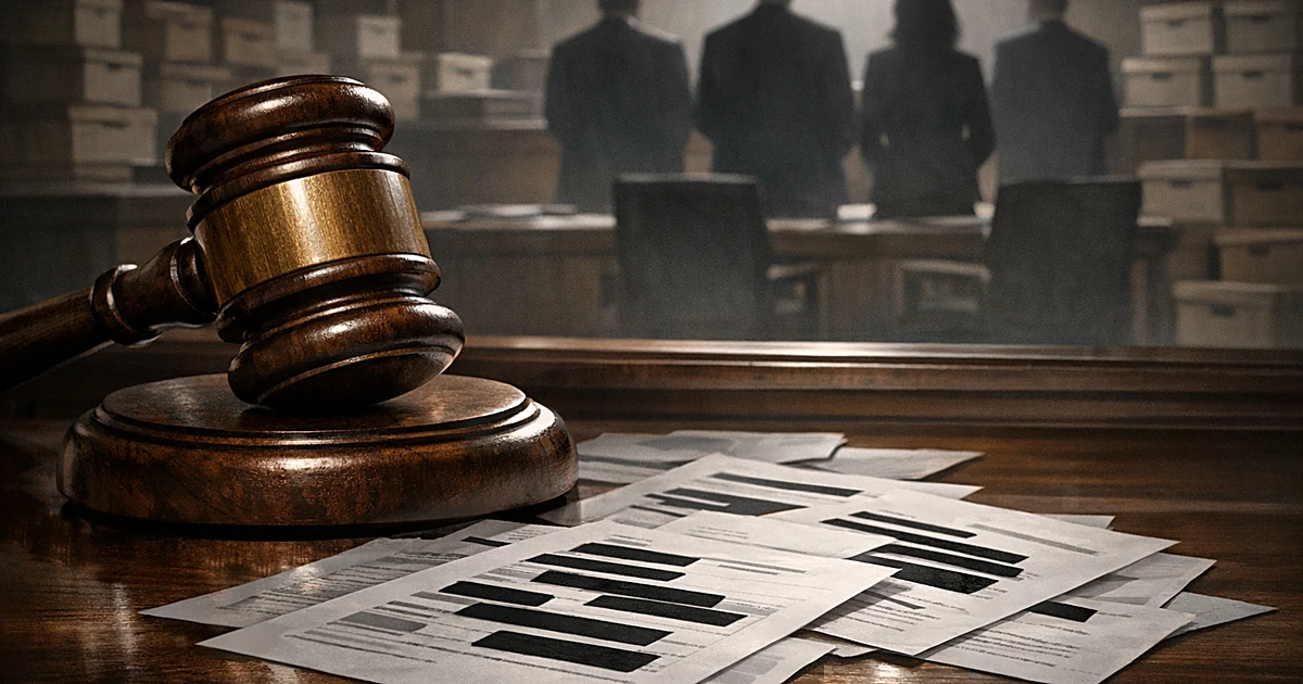 Courtroom gavel on bench with redacted documents and silhouetted figures in background representing legal dispute