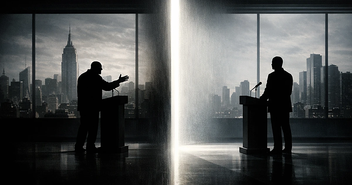 Two silhouetted figures at podiums on opposite sides of a stage with city skyline visible through windows behind them