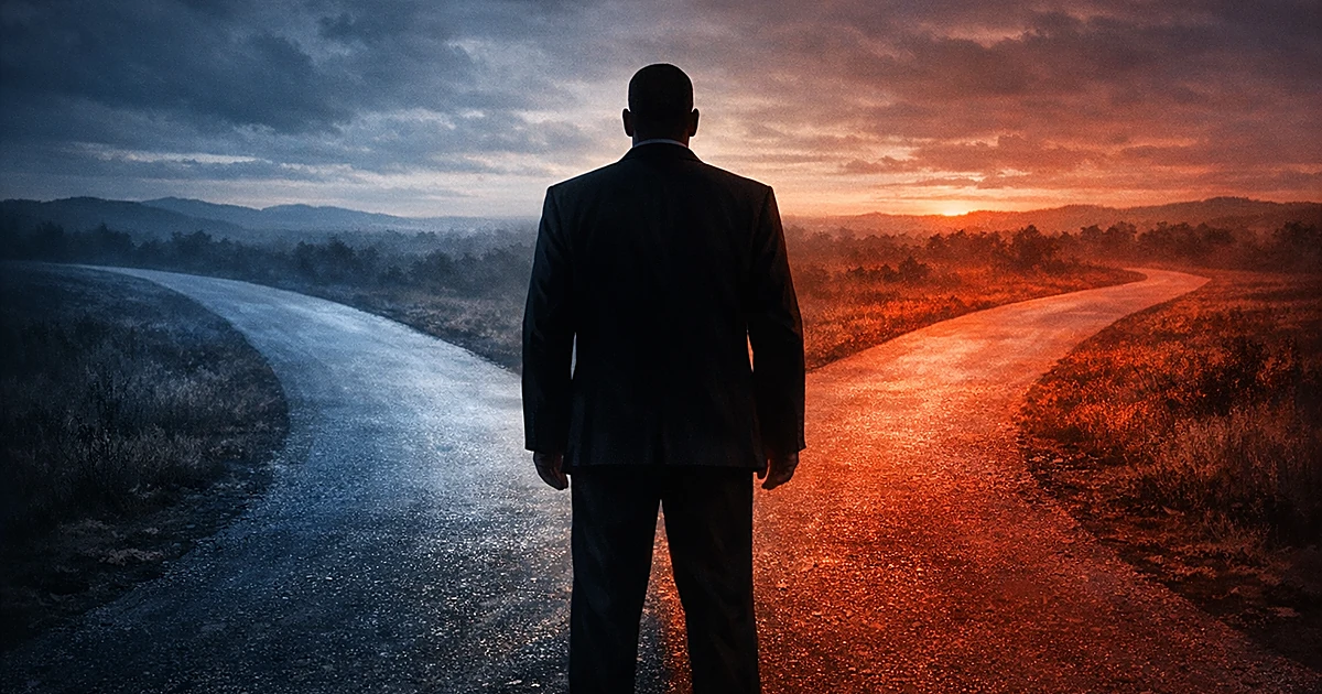 Silhouetted figure at crossroads between blue and red paths, standing at center facing away from viewer