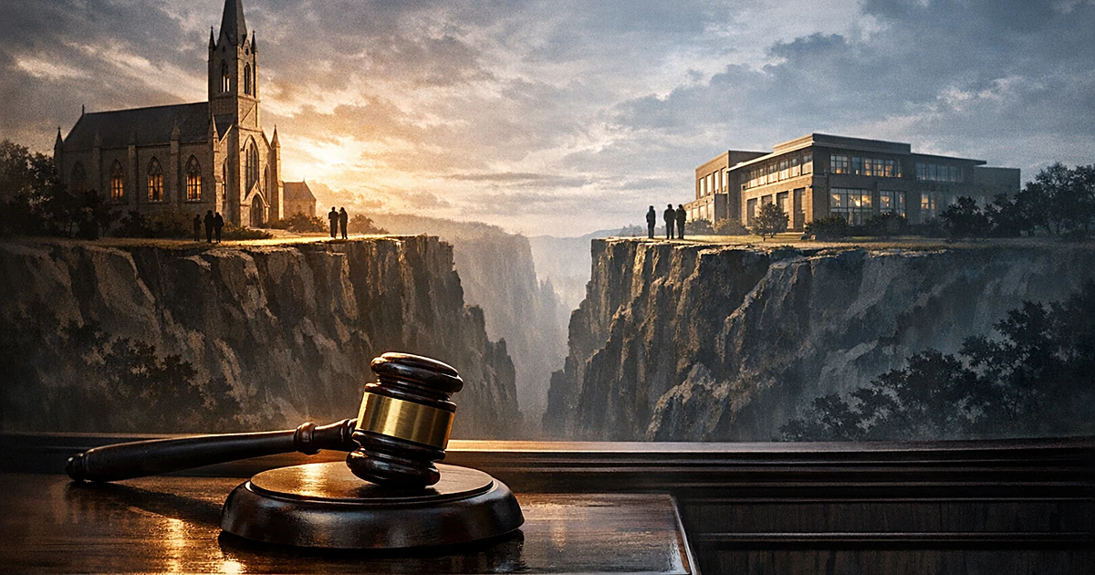 Church and university buildings separated by a chasm with a gavel on a judicial bench between them