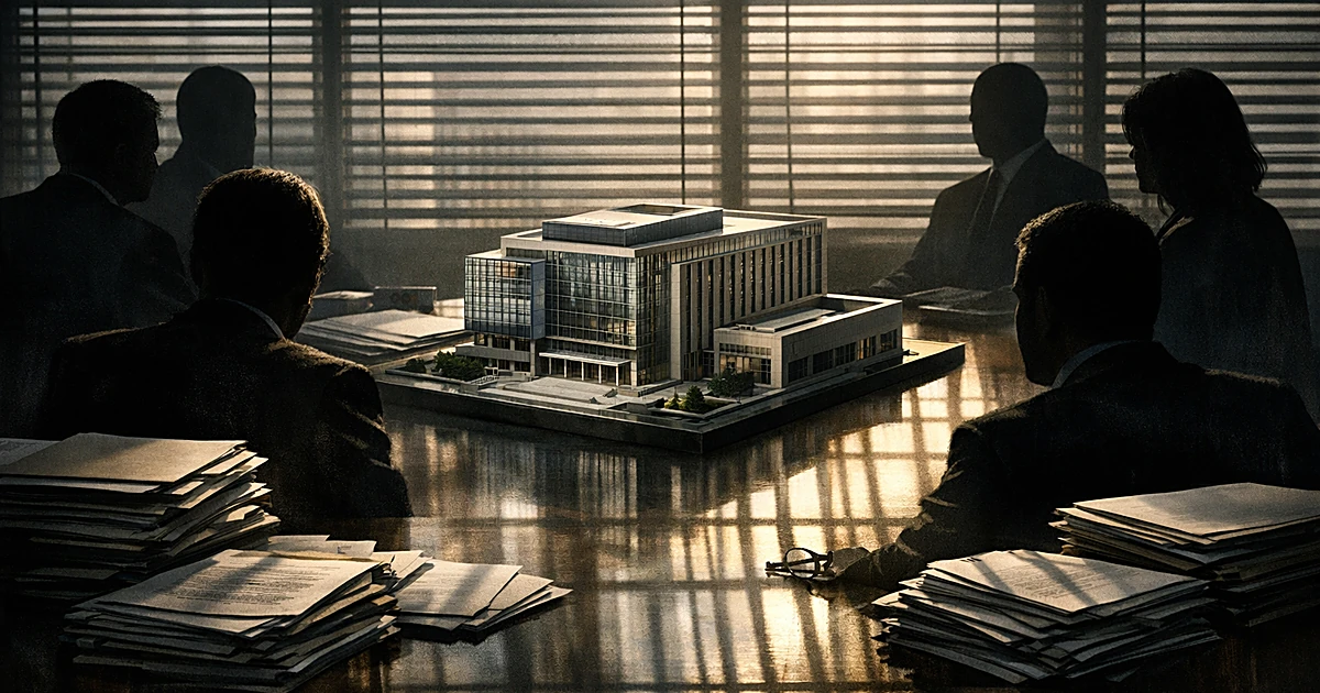 Silhouetted figures around conference table with courthouse architectural model and scattered legal documents