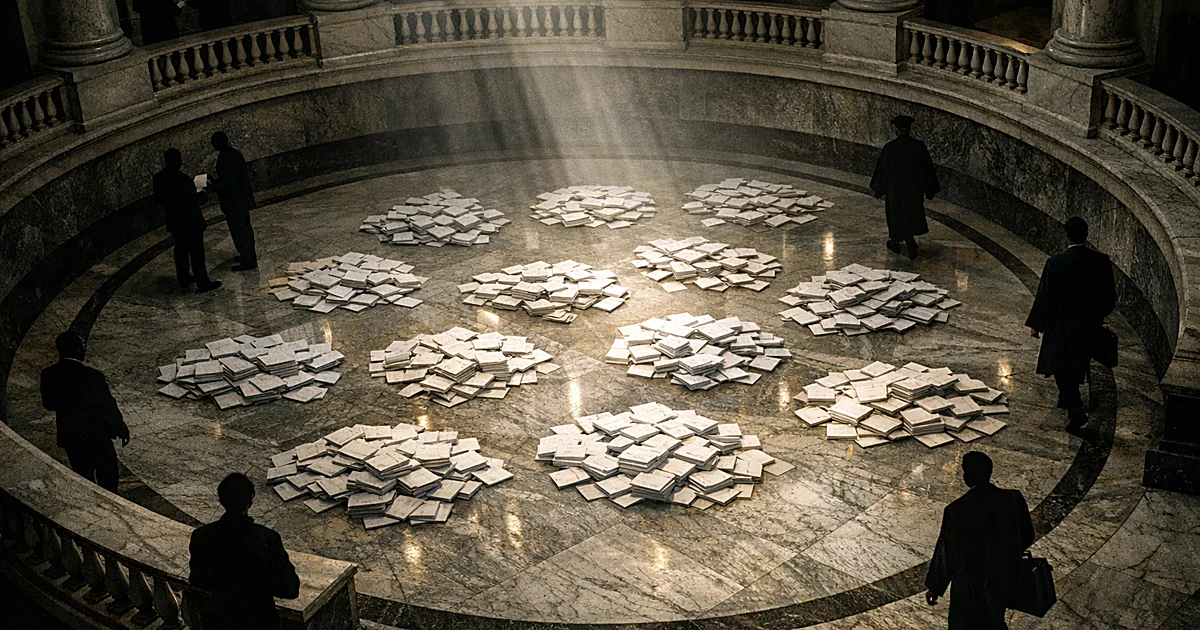 Overhead view of courthouse rotunda with scattered mail-in ballot envelopes on marble floor and silhouetted figures