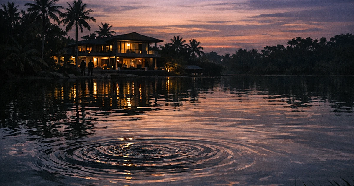 Dark lake at dusk with tropical vegetation and silhouette of luxury villa in background