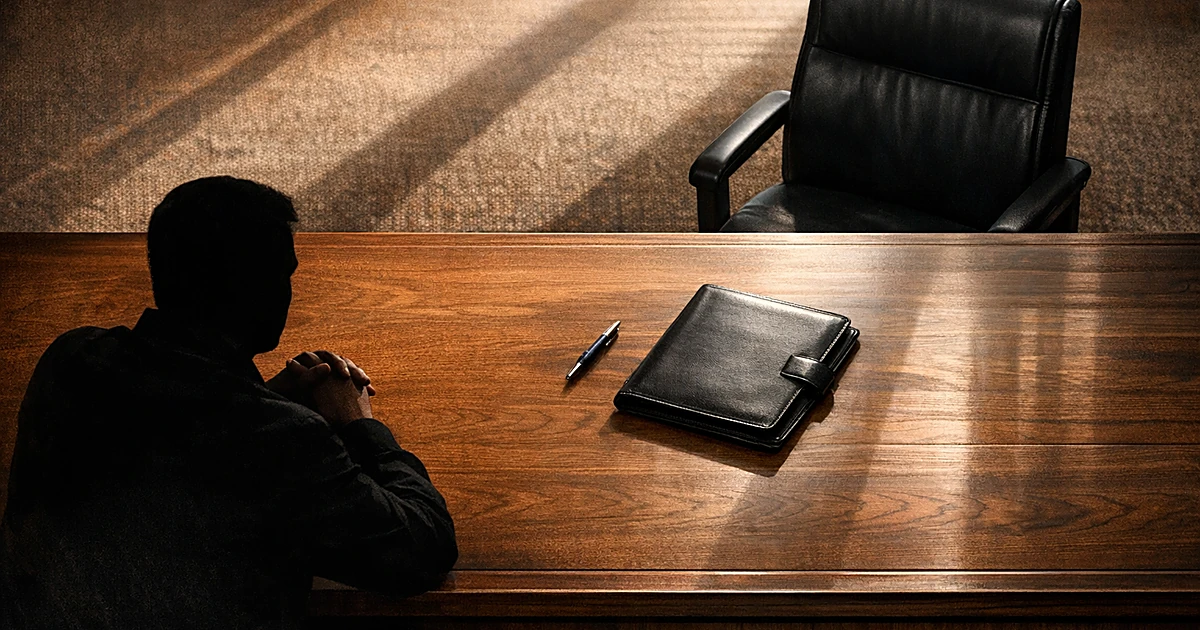 Desk with occupied and empty chairs facing each other, suggesting leadership transition and succession planning