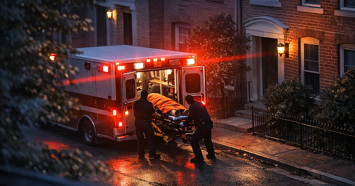 Silhouetted paramedics loading stretcher with orange blanket into ambulance outside townhouse at dawn