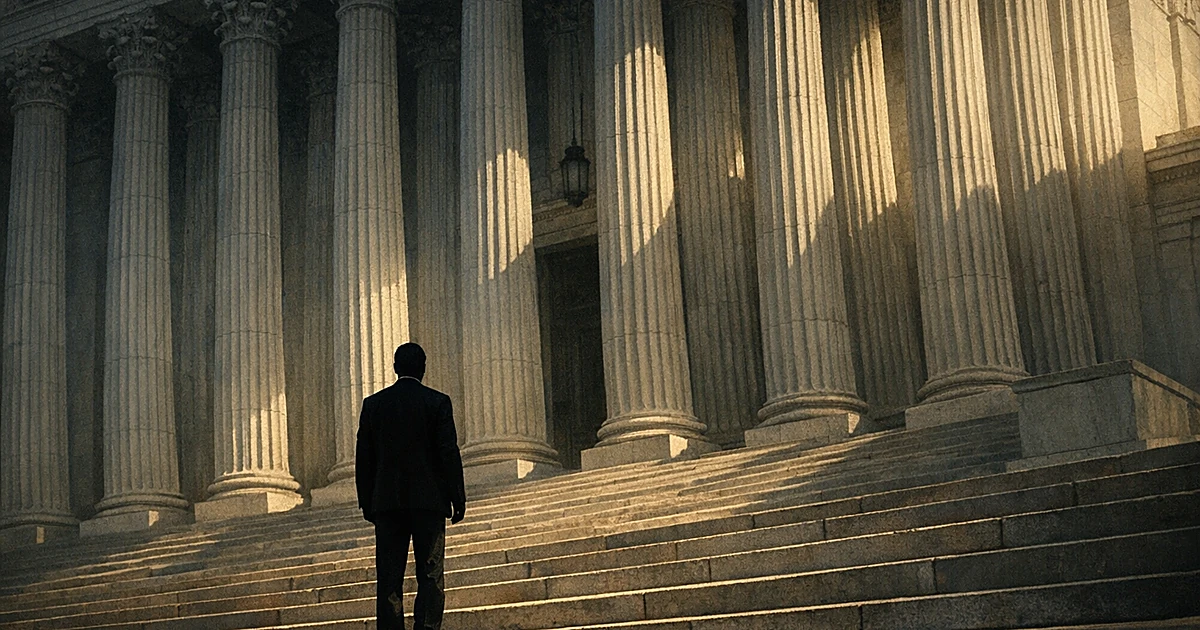 Silhouetted figure in suit facing tall courthouse columns and steps from behind in dramatic lighting