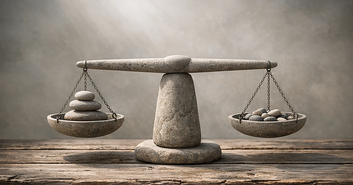 Stone balance scale on wooden surface with soft natural lighting