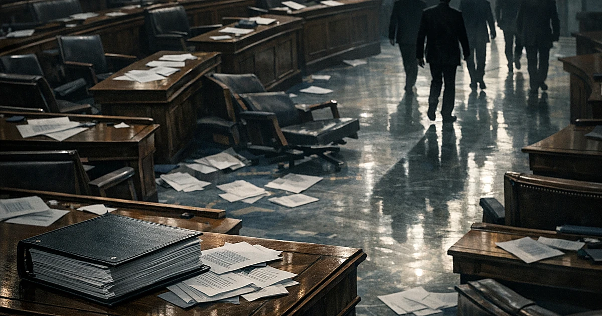 Empty legislative chamber with scattered papers and overturned chairs showing aftermath of failed procedural vote