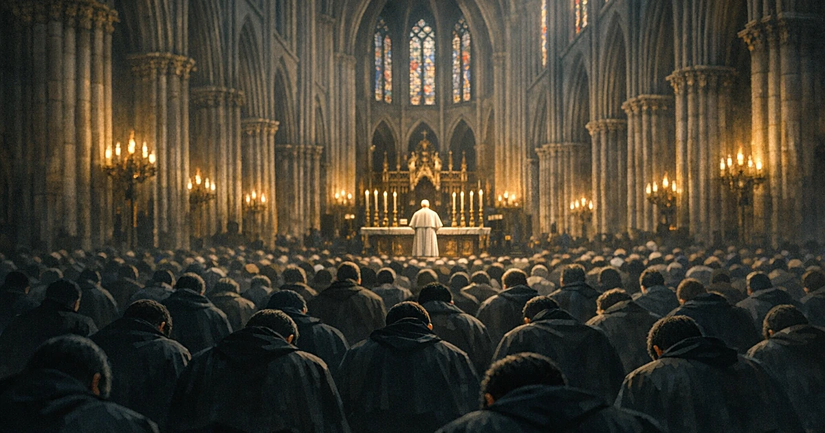 Silhouetted crowd kneeling in Gothic cathedral as distant papal figure stands at altar amid colored light