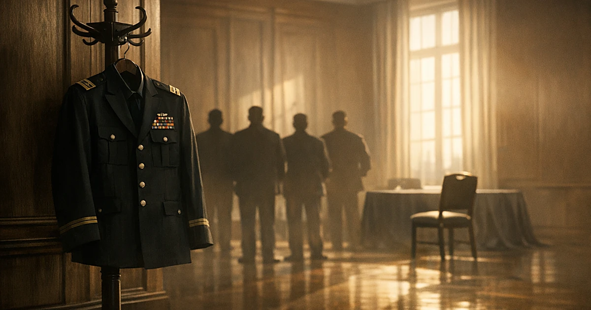 Empty military uniform on coat stand in ceremonial room with silhouetted figures standing in background