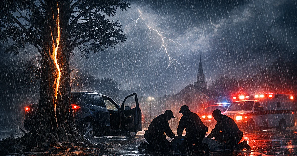 Split tree beside car in rainy church parking lot with emergency responders silhouetted in flashing lights