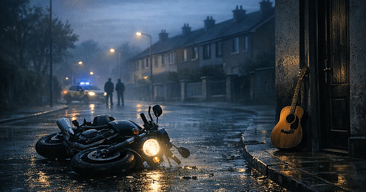 Motorcycle lying on wet street in pre-dawn Dublin with acoustic guitar against doorway in misty morning light