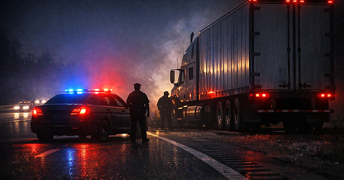 Police patrol car with emergency lights next to commercial truck on dark highway shoulder