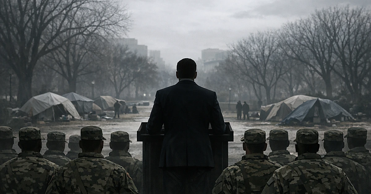 National Guard troops in formation viewed from behind as official addresses them in urban park setting