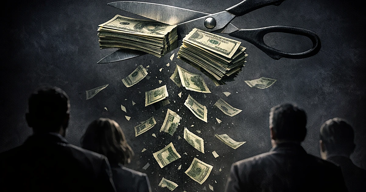 Scissors cutting through stack of money with silhouetted figures watching from behind in dramatic lighting